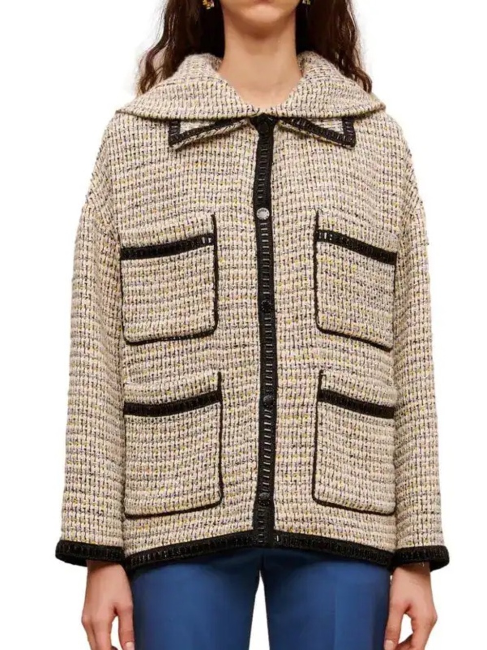MAJE Womens Gakota Embellished Tweed Hooded Jacket Size 34 Black Yellow